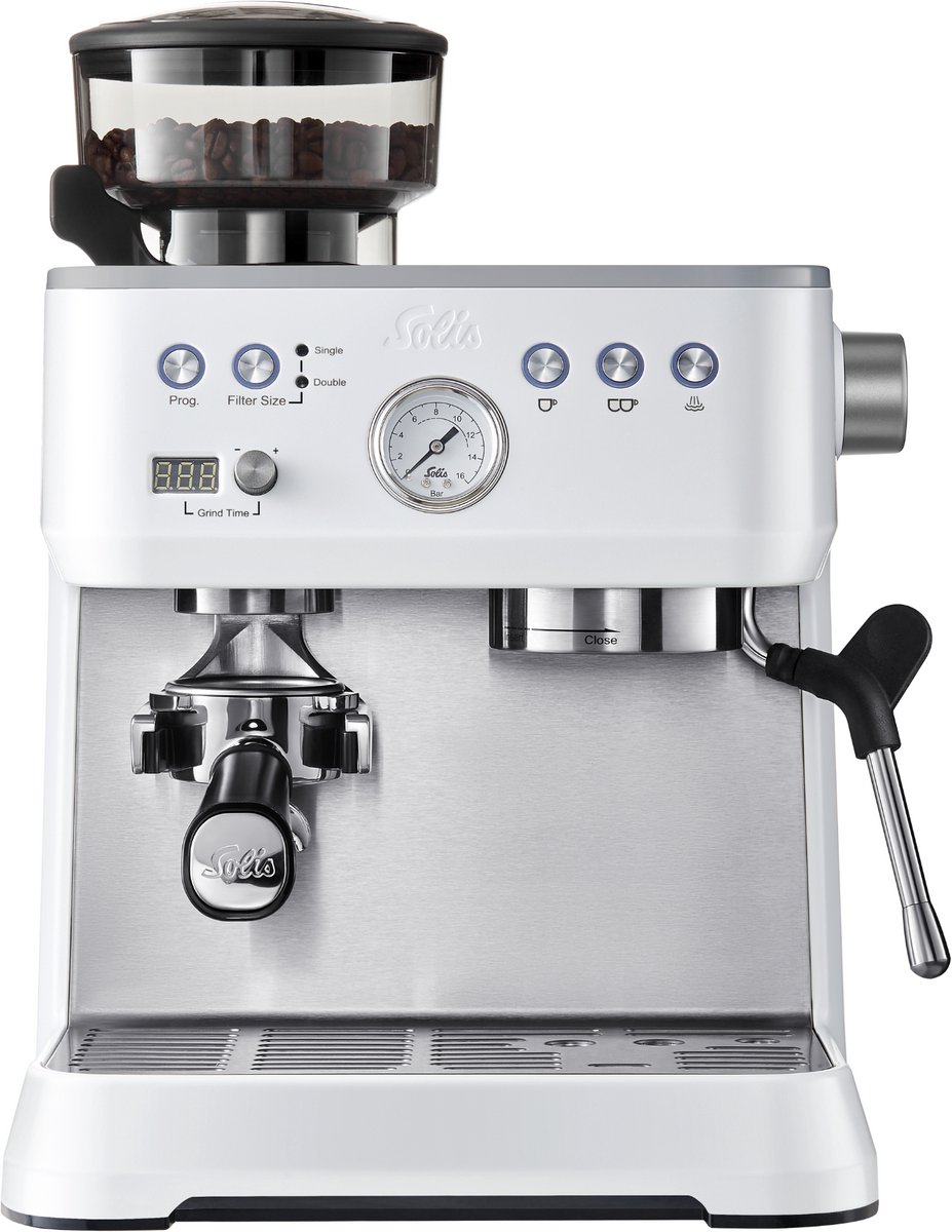 Solis Grind & Infuse Perfetta - Manuaalinen espressokeitin integroidulla myllyllä - Valkoinen