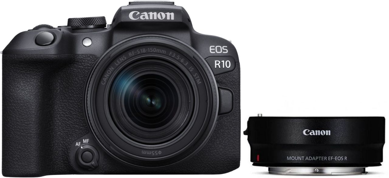 Canon EOS R10 järjestelmäkamera + RF-S 18-150mm f/3.5-6.3 IS STM ja EF-EOS R adapteri