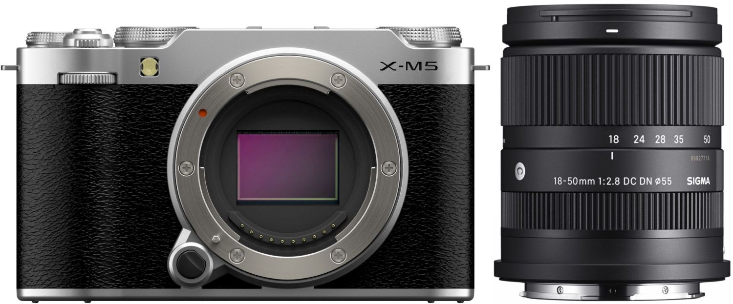FUJIFILM X-M5 Mirrorless Camera Silver with Sigma 18-50mm f/2.8 Fuji X lens