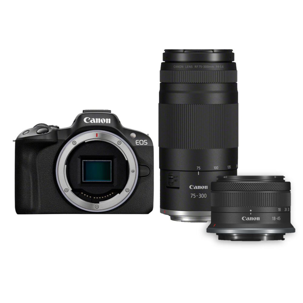 Canon EOS R50 järjestelmäkamera ja RF-S 18-45mm sekä RF 75-300mm objektiivit