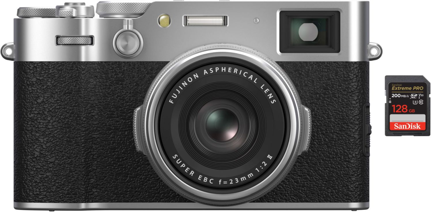 FUJIFILM X100VI hopea + SanDisk SDXC Extreme Pro 128GB muistikortti