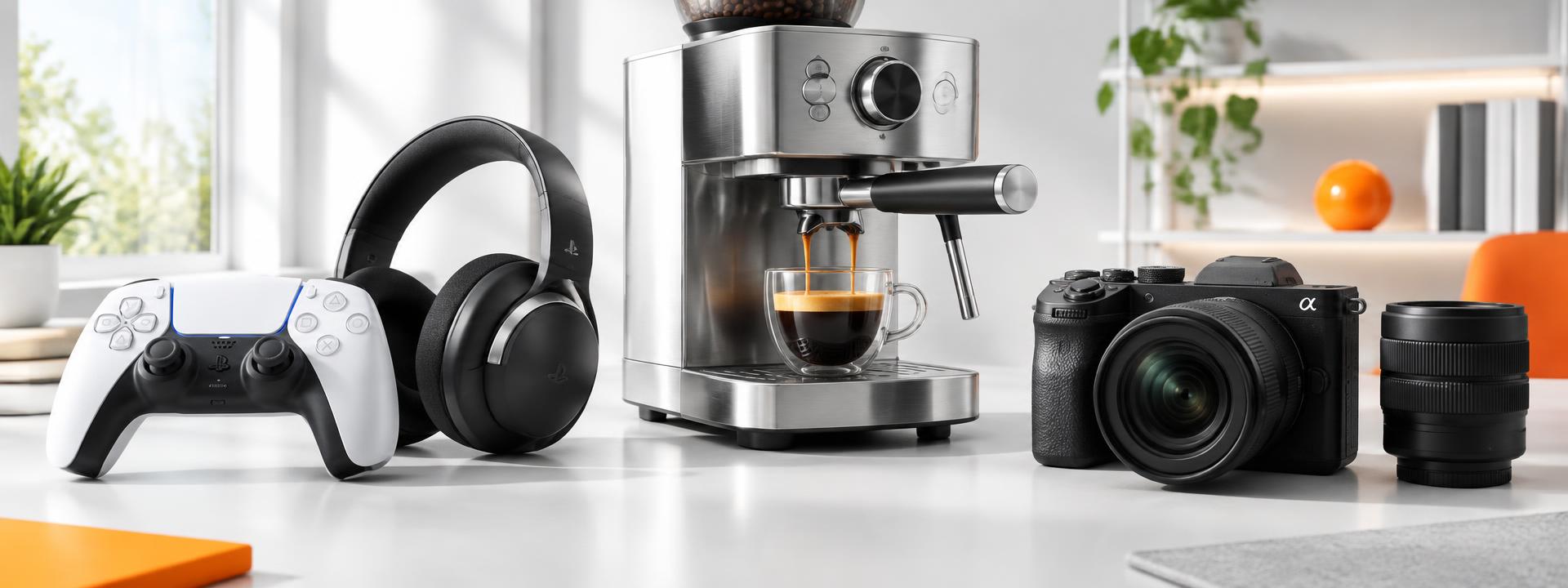 Game controller, headphones, espresso machine and mirrorless camera on a bright table